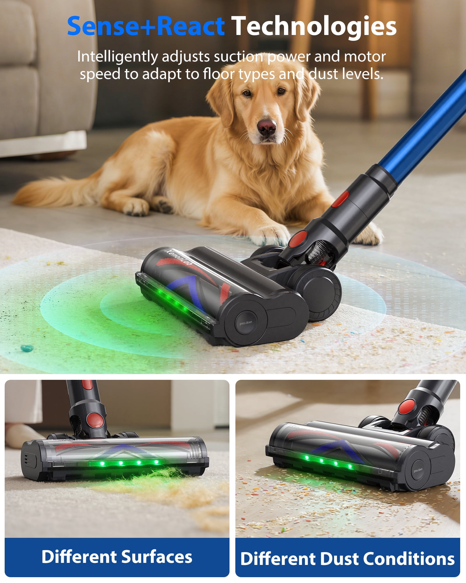 Cordless Stick Vacuum Cleaner,650W/55KPa Powerful with Auto Mode & 3 Speeds,75 Mins Runtime Touch Screen Rechargeable Vacuums for Pet Hair,Carpet