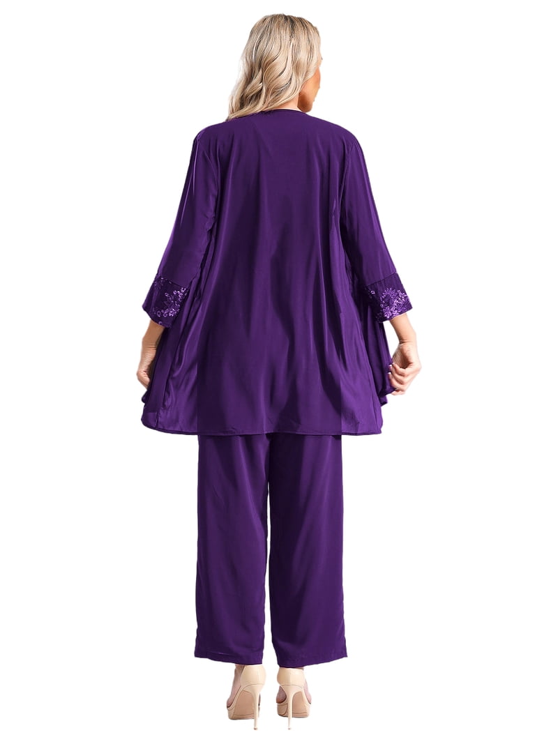 inhzoy Women's Lace-Chiffon 3-Piece Mother of The Bride Dress Formal  Pantsuit Purple M - Walmart.com