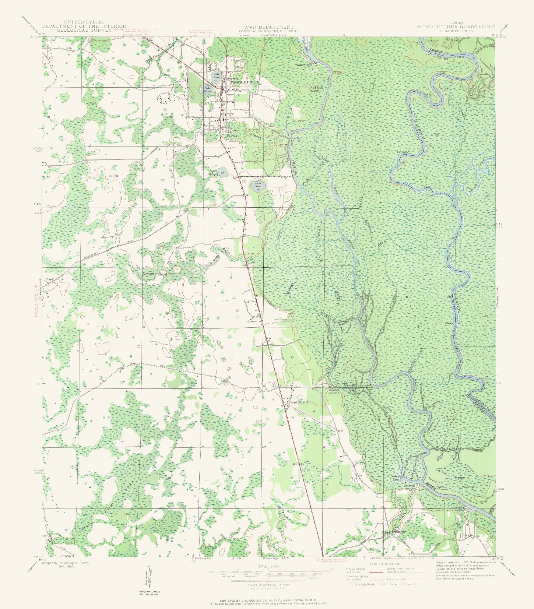 Topo Map Wewahitchka Florida Quad USGS 1944 23.00 x 26.23