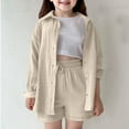 thumbnail image 2 of Byoo Toddler Girls Outfits Set Solid Color Oversized Button Down Shirt Drawstring Shorts Kids Outfit Soft Breathable Clothes Set, 2 of 9