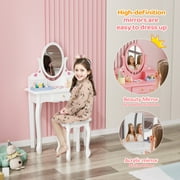 JOYMOR Kids Vanity Table and Stool Makeup Dressing Set w/ Mirrors & 3 Drawers, White