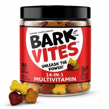 BarkVites 14-in-1 Dog Multivitamin Soft Chews - NASC Member | Turmeric, Quercetin & Omegas for Immunity, Skin & Coat, Energy - Peanut Butter, 90 Ct