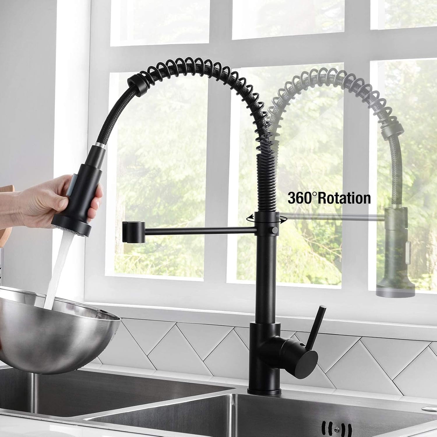 DTIG Black Kitchen Faucet, Pull-Out Sprayer, Brushed Nickel, Dual-Function, Includes Deck Plate, Water Pipes