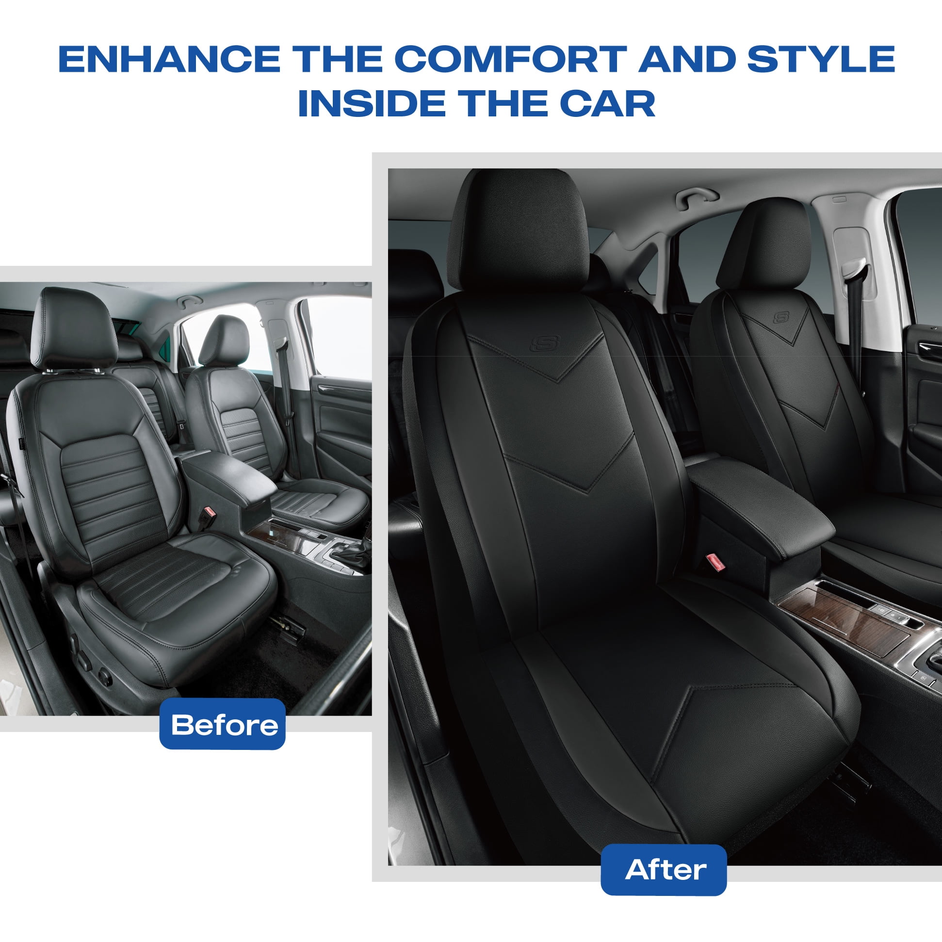 Skechers Leather Mesh Full Set Car Seat Cover – Premium Comfort with Breathable Mesh Panels, Durable Leather Construction, Universal Fit for Cars, Trucks, and SUVs - Black