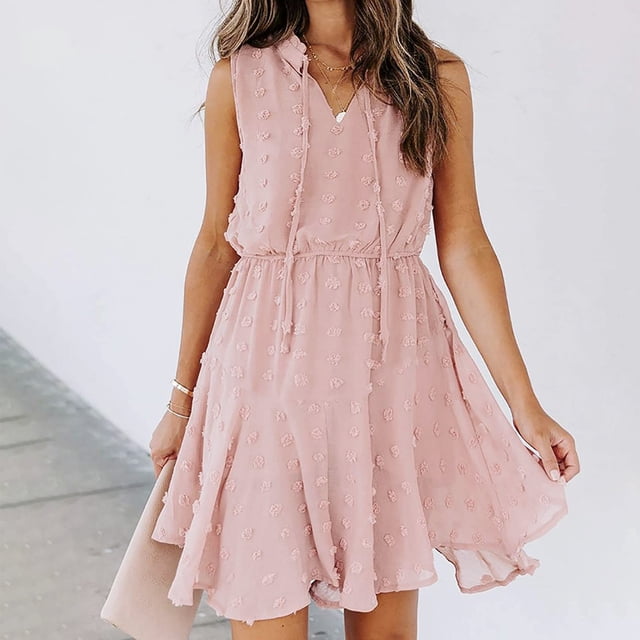 Yutk Robe de Maternité en Liquidation Femme Chiffon à Pompon Col en V Uni Sans Manches à Cordon Robe Courte Rose G