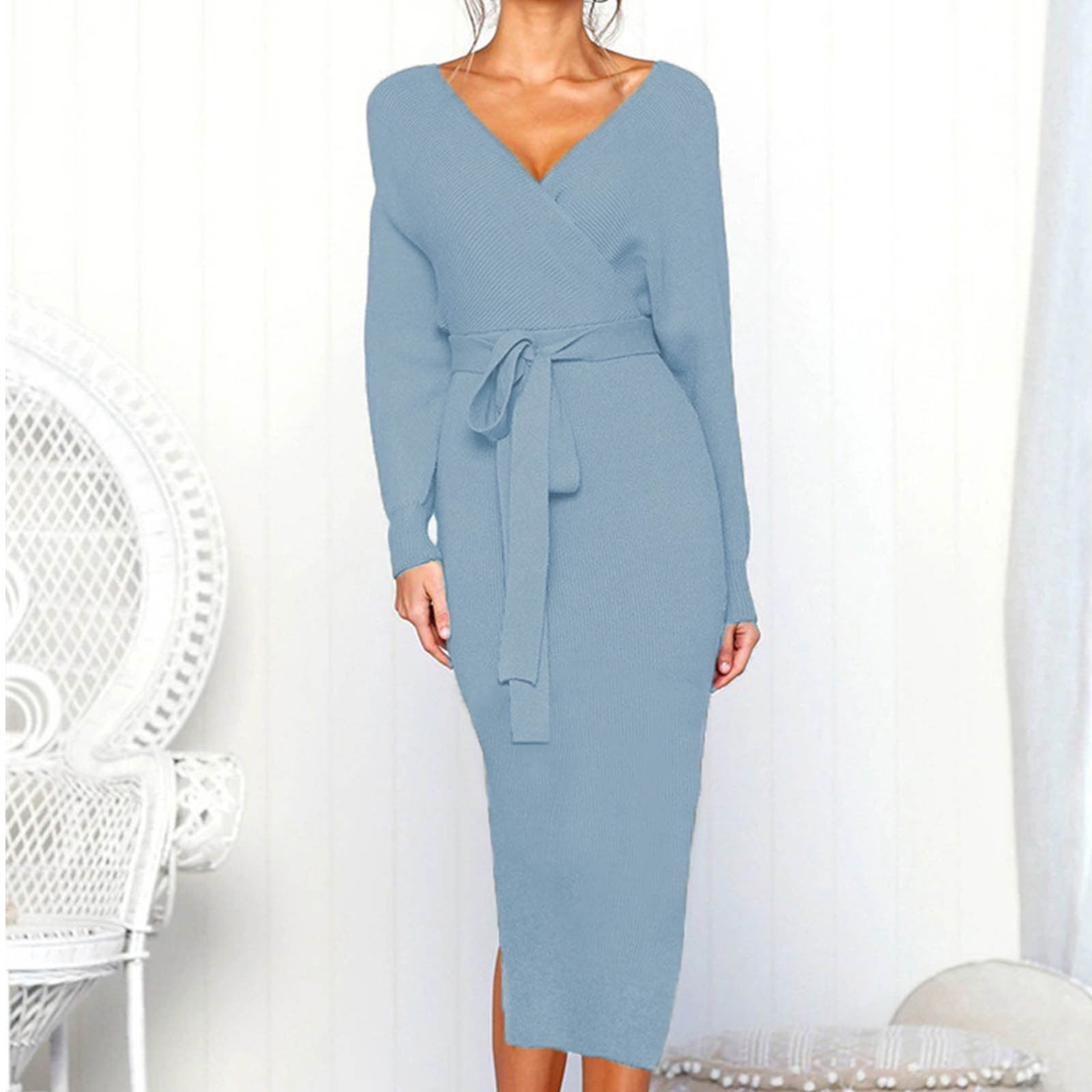 Knitted Sweater Wrap Midi Dress Womens Puff Long Sleeve V Neck Tie Waist Bodycon Split Pencil Dress with Belt (Large, Light Blue)