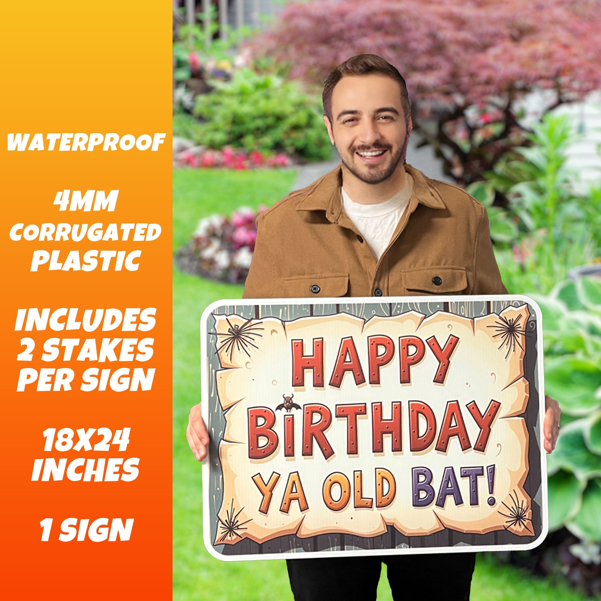Funny Happy Birthday Yard Sign with Stakes – "Happy Birthday Ya Old Bat!" – 11-Piece Outdoor Decoration, Waterproof & Reusable