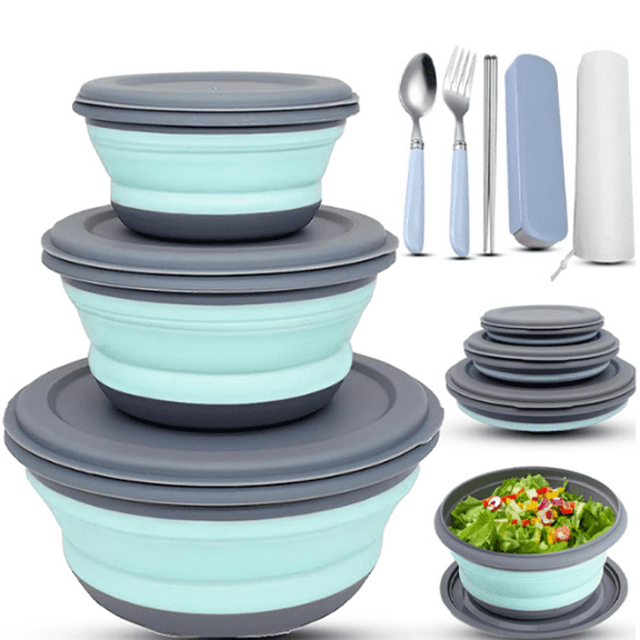 3Pcs Collapsible Camping Bowl Portable Silicone Bowl with Lid for Travel Camping Hiking Kitchen with Free Tableware Set