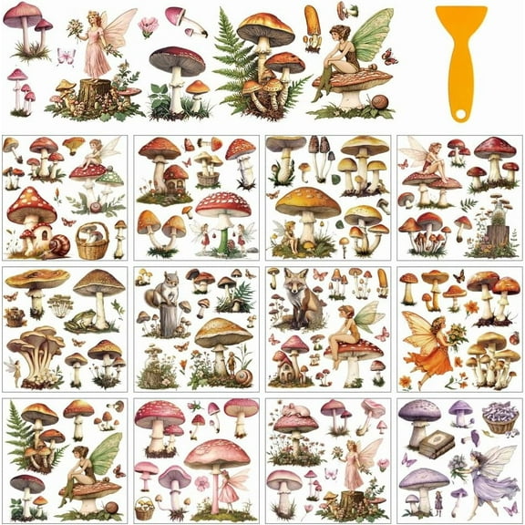 12 Sheets Dream Mushrooms Rub on Transfers for Crafts Flower Fairies Rub on Transfer Stickers PVC Rub on Decal for DIY Home Furniture Window Wood 5.5x5.5inches(140x140mm) colorful