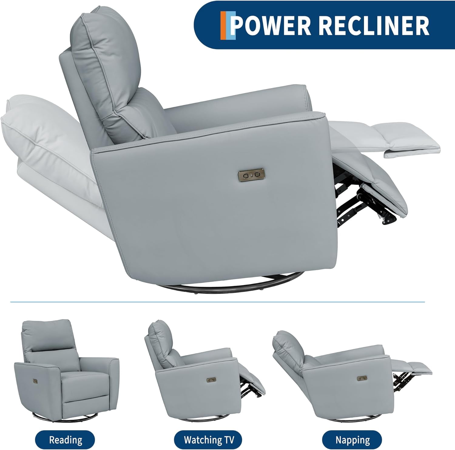 Power Recliner Chair 270° Swivel Rocking Glider with USB Port PU Leather Upholstered Nursery Chair with Adjustable Backrest for Living Room Office Home Theater and Nursery