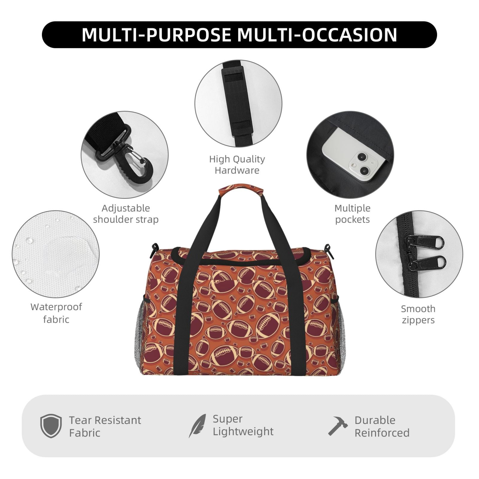 Defioc American Football1 Print Hand Travel Bag - Foldable Travel Duffel Bags for Men Women -Sport Gym Bag - Overnight Travel Duffel Bag - Adjustable Shoulder Strap