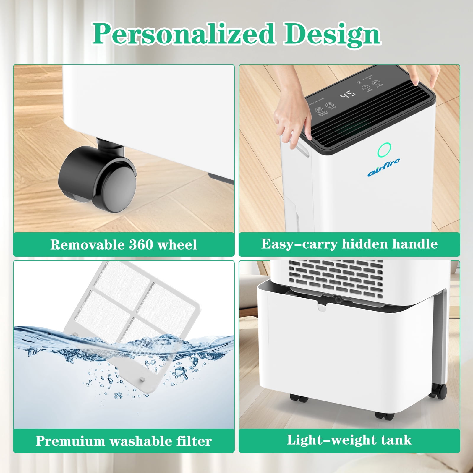 Airfire Dehumidifier, 19 Pint Dehumidifier with Drain Hose, Max 4500 Sq.Ft Dehumidifiers for Home Basement, 0.66 Gal Water Tank, Overflow Protection, Auto Defrost& Drain, Humidity Indicator