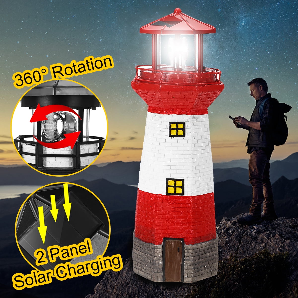 Solar Lighthouse Rotating LED Light Garden Leuchtturm Beacon Lamp Home