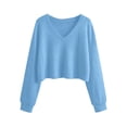 thumbnail image 6 of DISKEBUISS Women's Waffle Knit Cropped Sweater Long Lantern Sleeve V Neck Loose Fit Pullover Tops for Fall Casual, 6 of 7