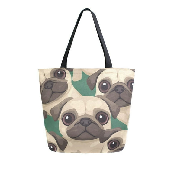 Durable Canvas Tote Bag with Zip Pocket Bags for Woman Shoulder Versatile Carryall for Everyday Use Cartoon-style Beige Pugs