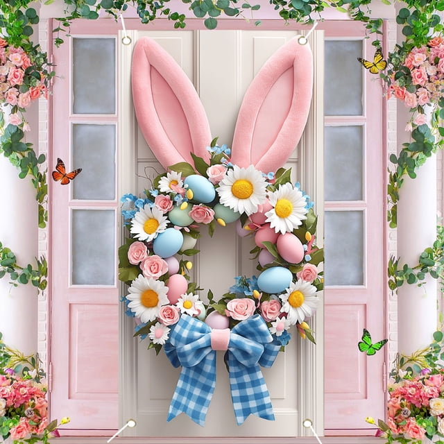 Cubierta de puerta con corona rosa de orejas de conejo de Pascua, decoración de puerta principal de Pascua con margaritas, rosas y huevos, adorno de corona, pancarta de entrada y porche, cubierta de