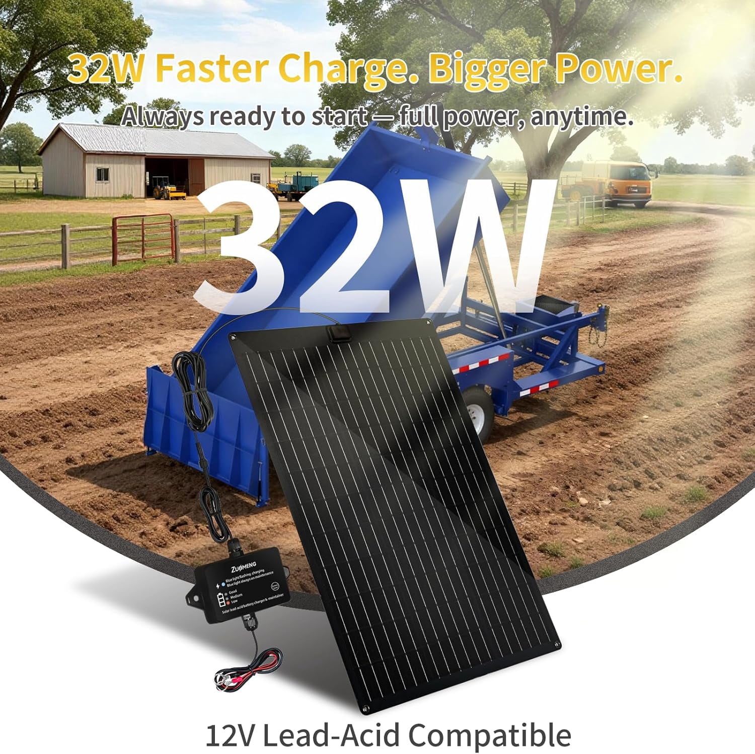 32W Solar Battery Charger, Zuomeng MPPT Solar Battery Maintainer & Solar Trickle Charger Kit with 32W High-Efficiency Solar Panel, Pulse Repair Solar Battery Charger