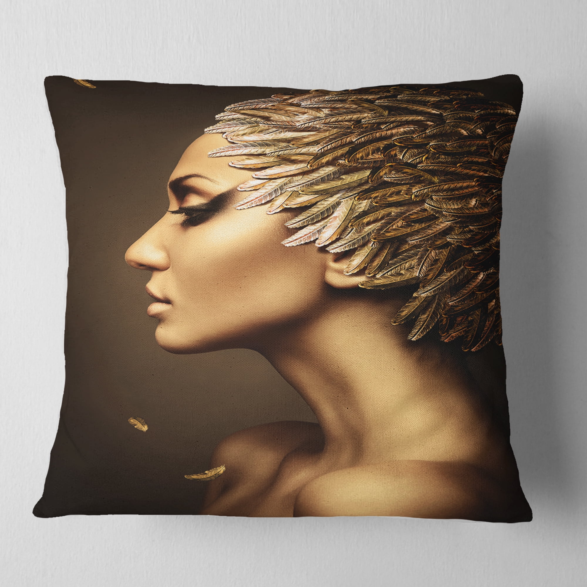 Designart Woman with Gold Feather Hat - Contemporary Throw Pillow - 16x16
