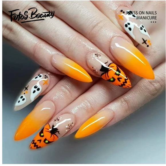 Halloween Decor Fofosbeauty 24pcs Stiletto False/Artificial Nails for Girls Women, Sunset Beach