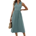 thumbnail image 1 of Aqestyerly Robe Longue Drapée à Col en V pour Femmes Couleur Unie Sans Manches Col à Revers Robe Longue Respirante Mélange Coton Lin pour l'Été, 1 of 9