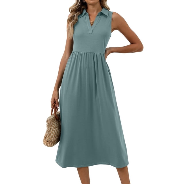 Aqestyerly Robe Longue Drapée à Col en V pour Femmes Couleur Unie Sans Manches Col à Revers Robe Longue Respirante Mélange Coton Lin pour l'Été