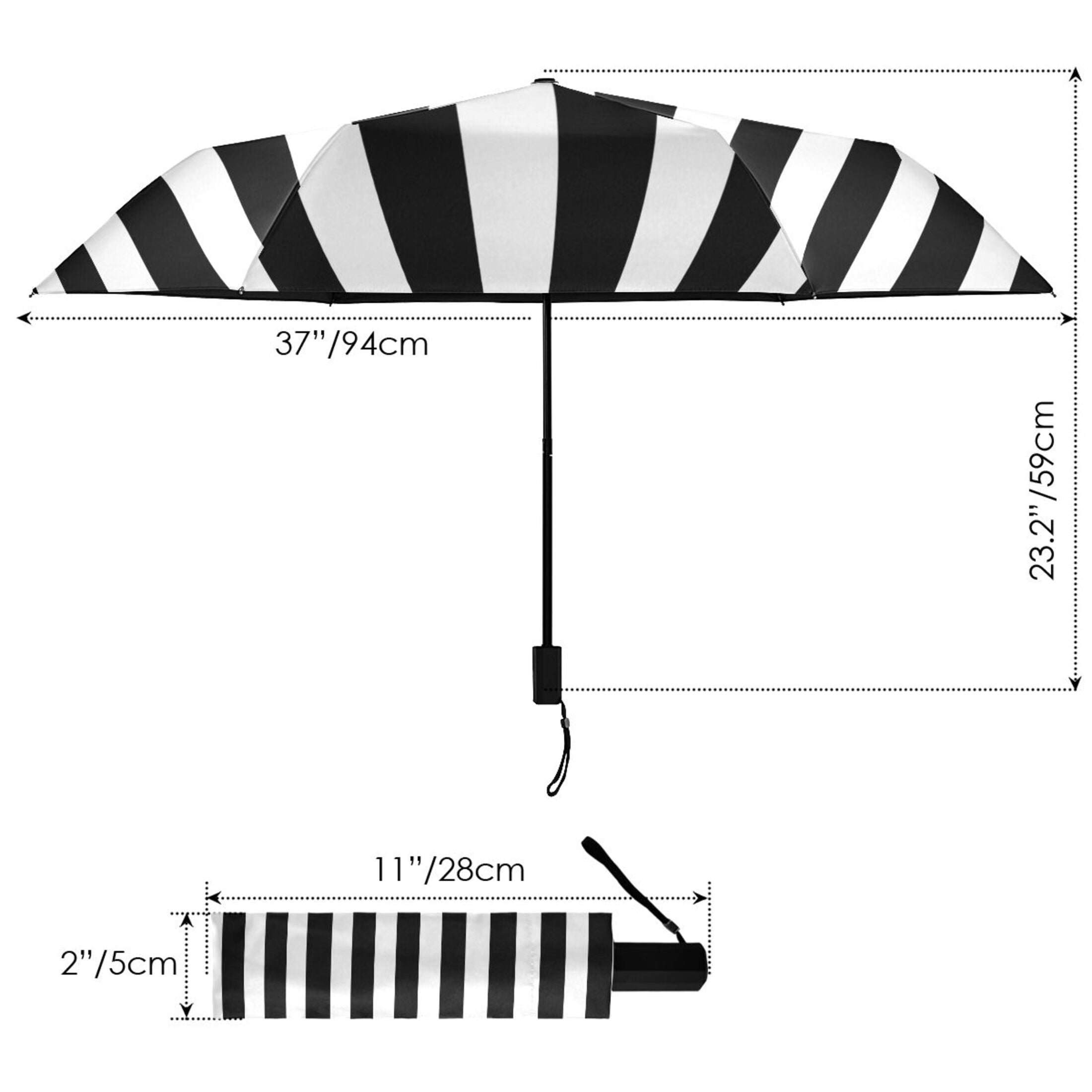 Compact Sun Umbrella Windproof Travel Umbrellas for Rain Strong Portable UV Protection Black and White Striped
