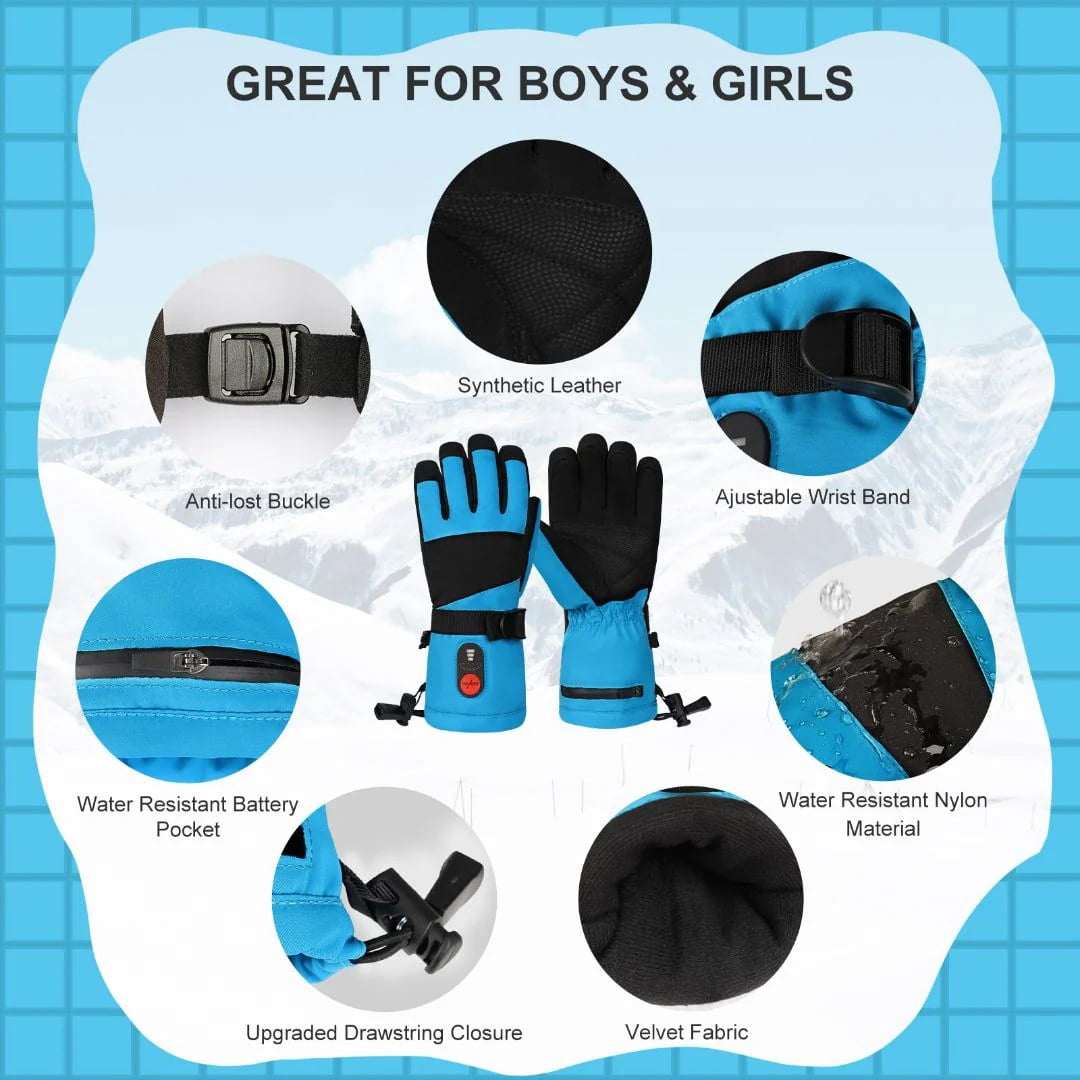 SNOWYES Kids Heated Ski Gloves, 3-Heat Settings, Rechargeable, Water Resistant, Windproof, Ideal for Skiing, Snowball Fights, Cycling