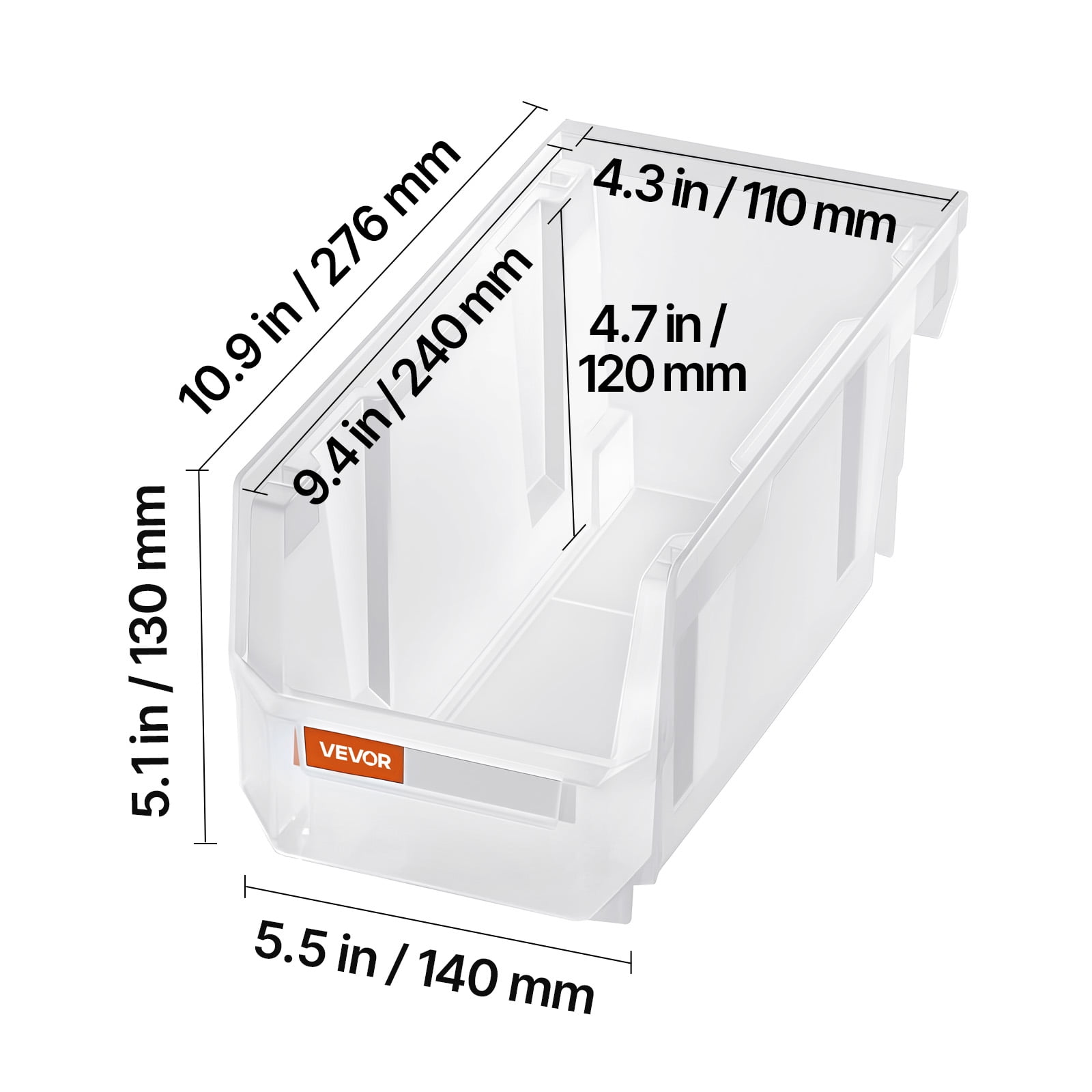 VEVOR Plastic Stackable Storage Bins, 10.9 x 5.5 x 5.1 inch (8 Pack), Plastic Containers for Organizing & Storage Bins for Closet, Garage, Small Parts, Office Supplies, Other Accessories, Transparent