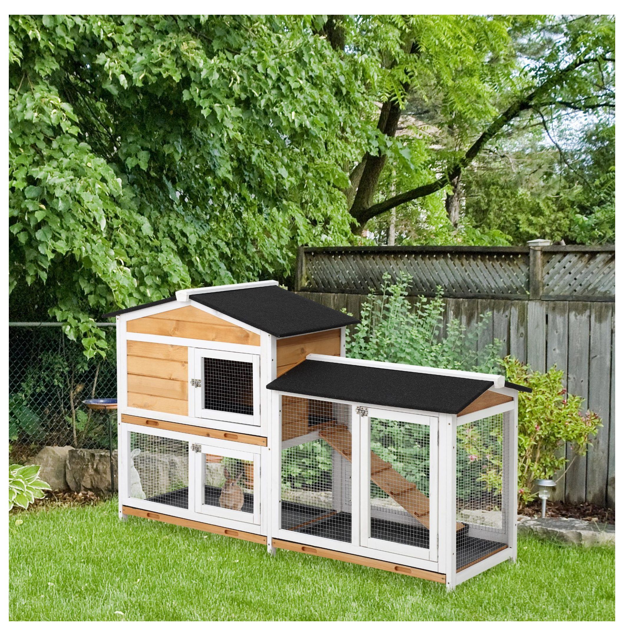 Outdoor Rabbit Hutch 2-Story Wooden Bunny Cage with Ramp Weatherproof Roof Yellow