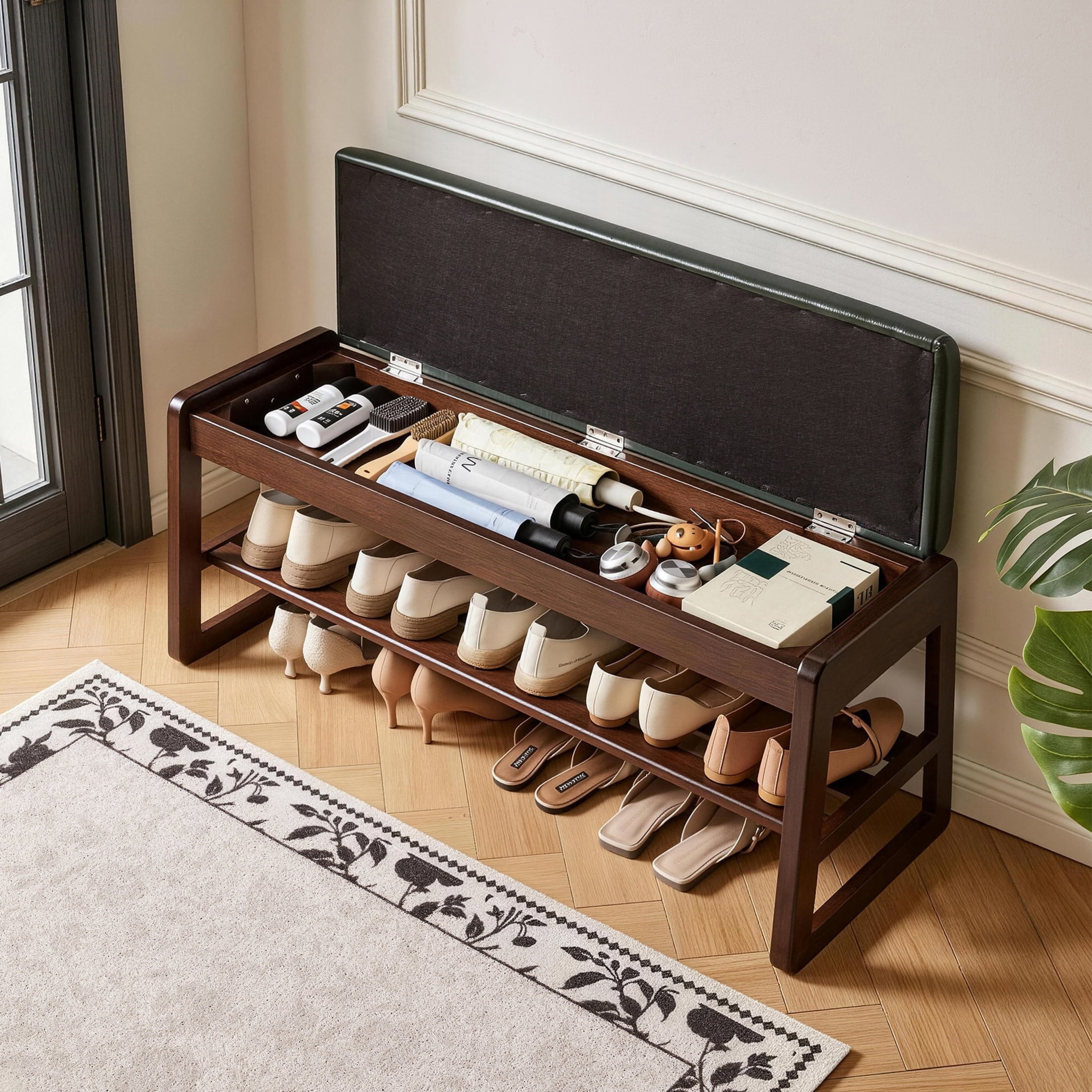 Noble House 39.37" Shoe Storage Bench with Lift-Top Seat, Upholstered Bench with Shoe Shelves, Green