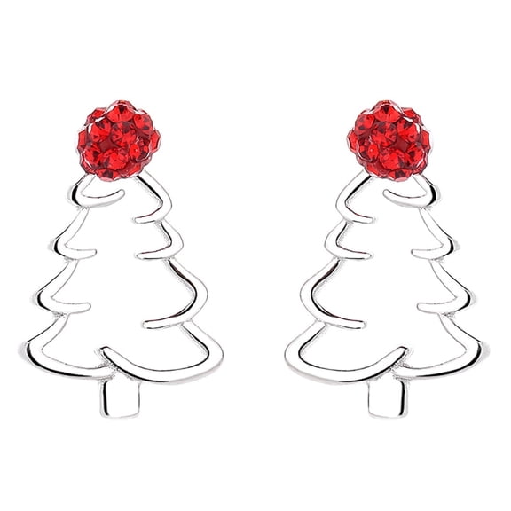 Hollow Christmas Tree Stud Earrings 925 Sterling Silver for Women Red CZ Crystal Ball Xmas Holiday Drop Dangle Earrings
