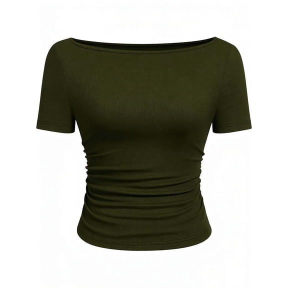 ATOYSOY Womens Boat Neck Tops Short Sleeve Slimming T Shirt Ruched Fitted Casual Basic Tops Solid Color Tees For Daily Wear