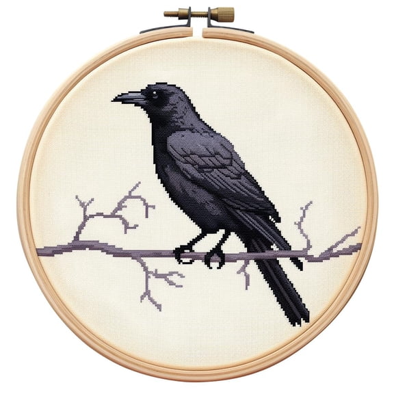 Generic Cartoon Simple Black Crow Raven DIY Stamped Cross Stitch Kits Easy for Beginners Children with Hoop 11CT Needlepoint Counted Embroidery Kits Art Craft Wall Decoration 12x12inch(3)