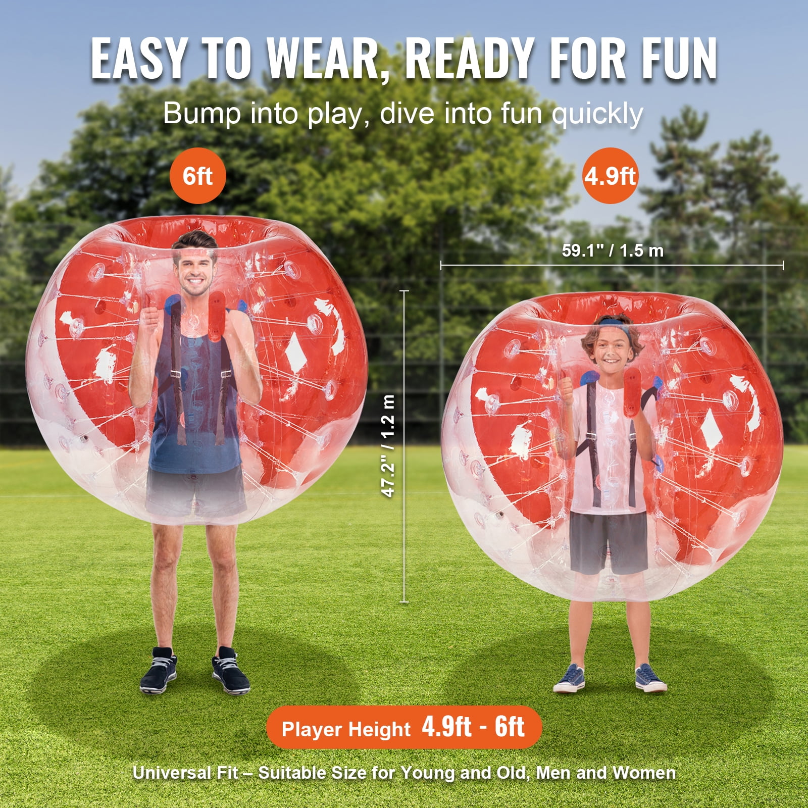 KFFKFF Blow-up Bumper Sphere Single Pack, 5FT/1.5M Body Size, Suitable for Teens & Adults, 0.8mm PVC Thickness, Human-Sized Hamster Bubble Balls for Outdoor Group Fun