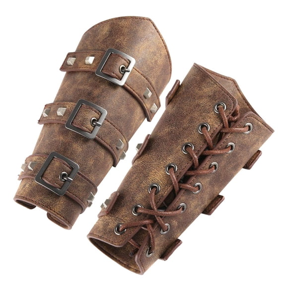 HZMAN Men's Faux Leather Arm Guard Medieval Style Adjustable Armband Pair(Brown )