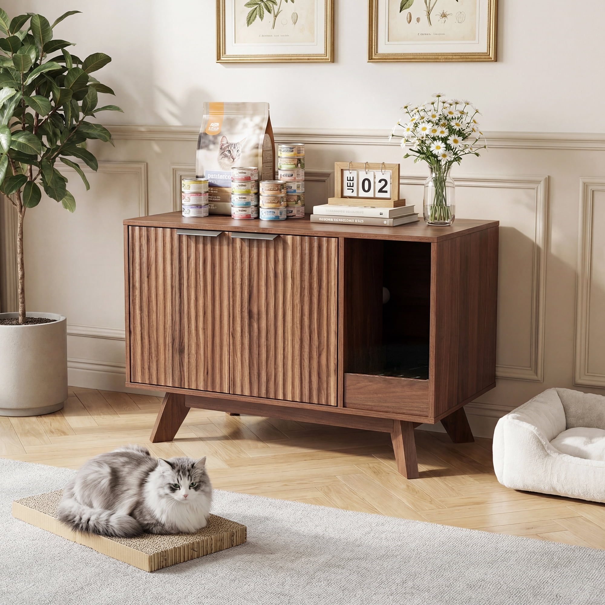 YDN Modern Litter Box Enclosure for Cats- 31.5" Indoors Hidden Cat Litter Box Furniture for 2 Cats, Wooden Cats Washroom Side Cabinet with Scratching Pad for Most Cat Litter Box,Walnut