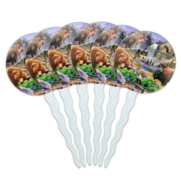 Yellowstone National Park Wyoming Montana Idaho Animals Wolf Bear Fox Bison Cupcake Picks Toppers Decoration Set of 6