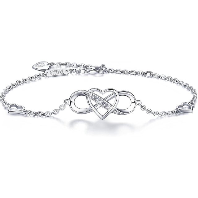 Pulseras para mujer en plata de ley 925 con corazón infinito, chapadas en oro blanco y diamantes, ajustables. El mejor regalo para el Día de la Madre.