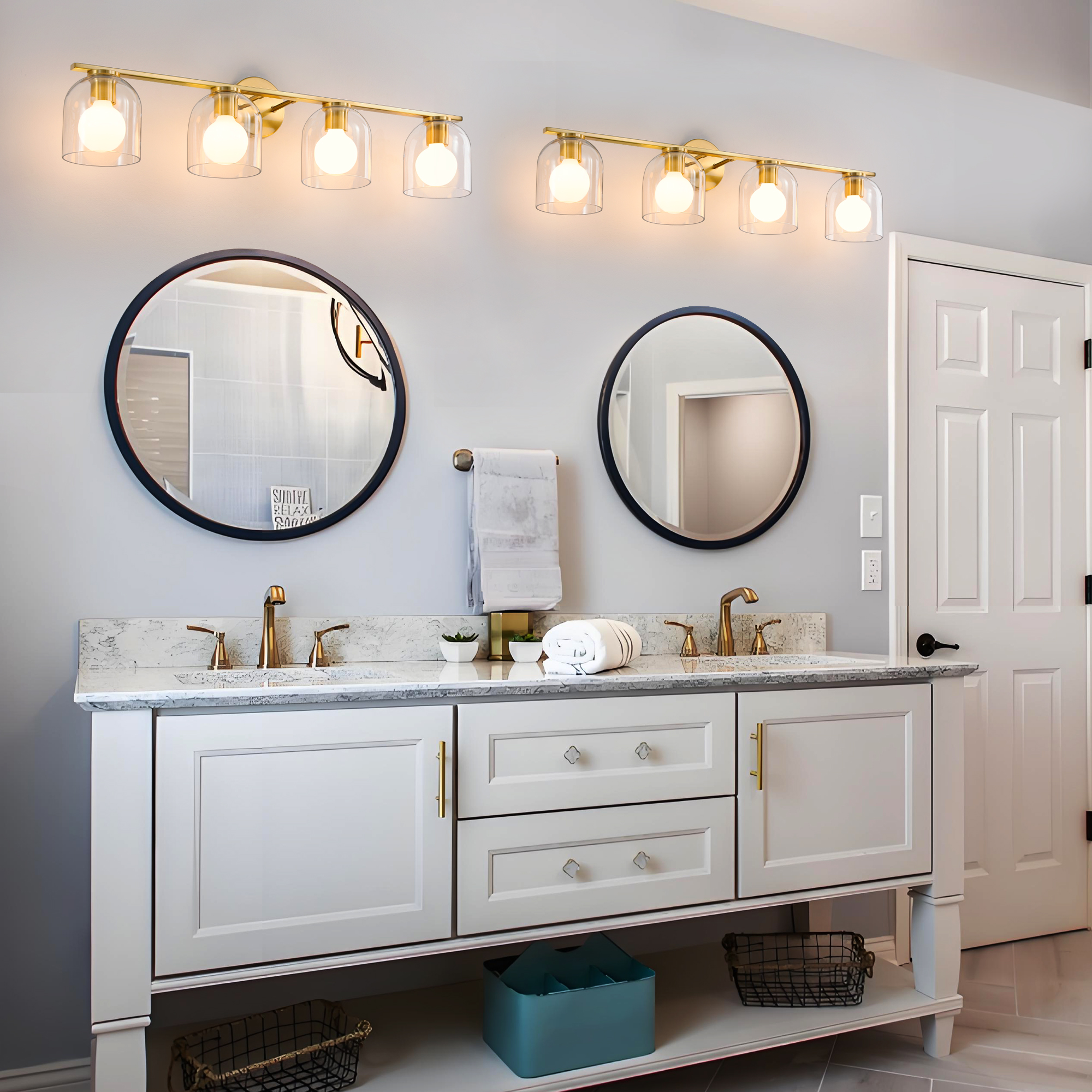 Modern Bathroom Light Fixtures, 4 Light Vanity Lights Over Mirror, Gold Wall Lamp with Clear Glass Shade for Living Room Cabinet Bedroom Porch