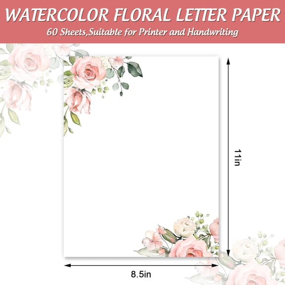 SHILIU-AnyDesign 60 Sheets Floral Stationery Letterhead Paper Watercolor Pink Flower Letter Paper Spring Writing Paper Notes Greeting Paper for Wedding Bridal Shower Invitation Office Printing, 8.5 x