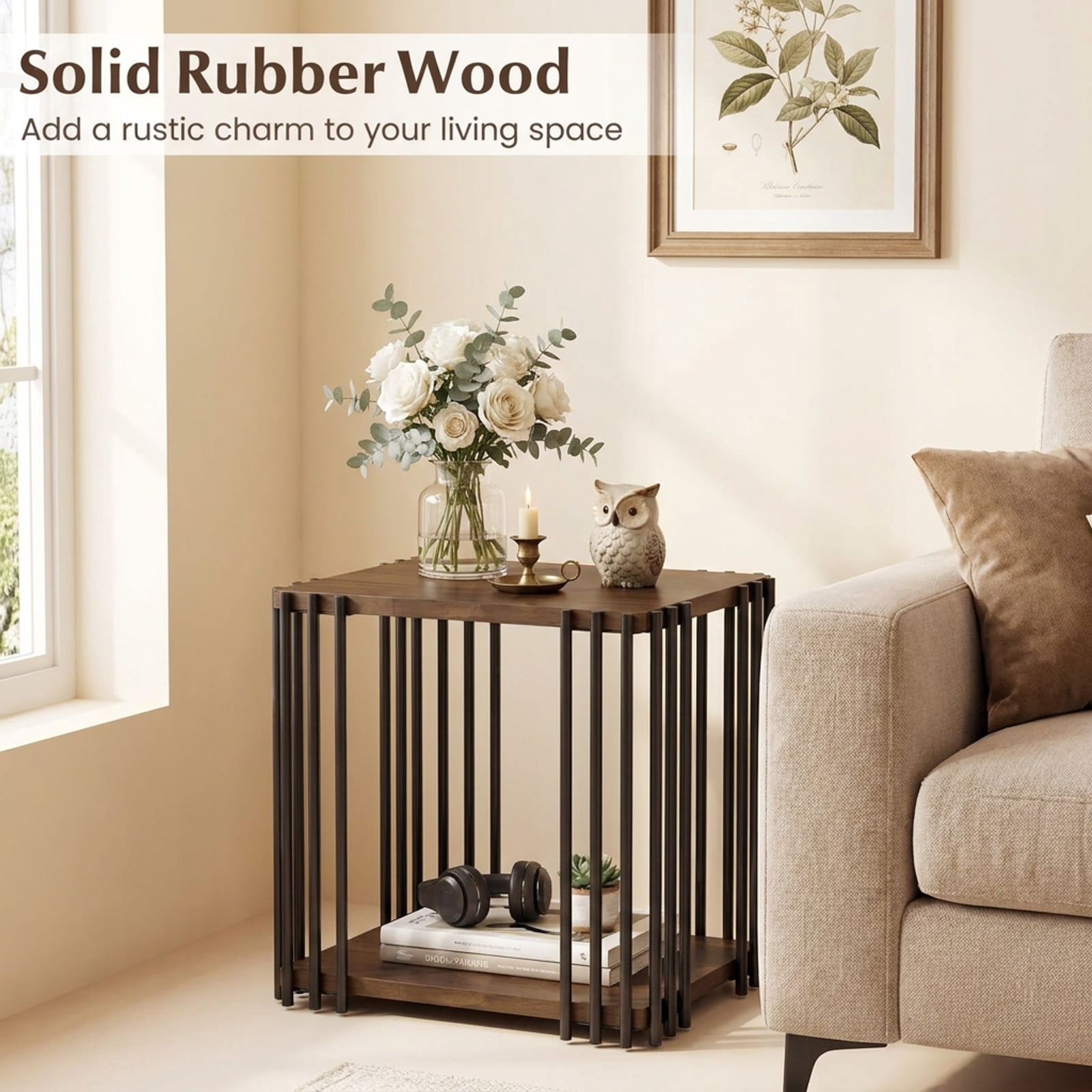 Furnibear Rubber Wood Side Table Set of 2 with 2 Layer Storage Shelves and Black Metal Frame for Living Room Bedroom and Sofa Side Storage, Walnut
