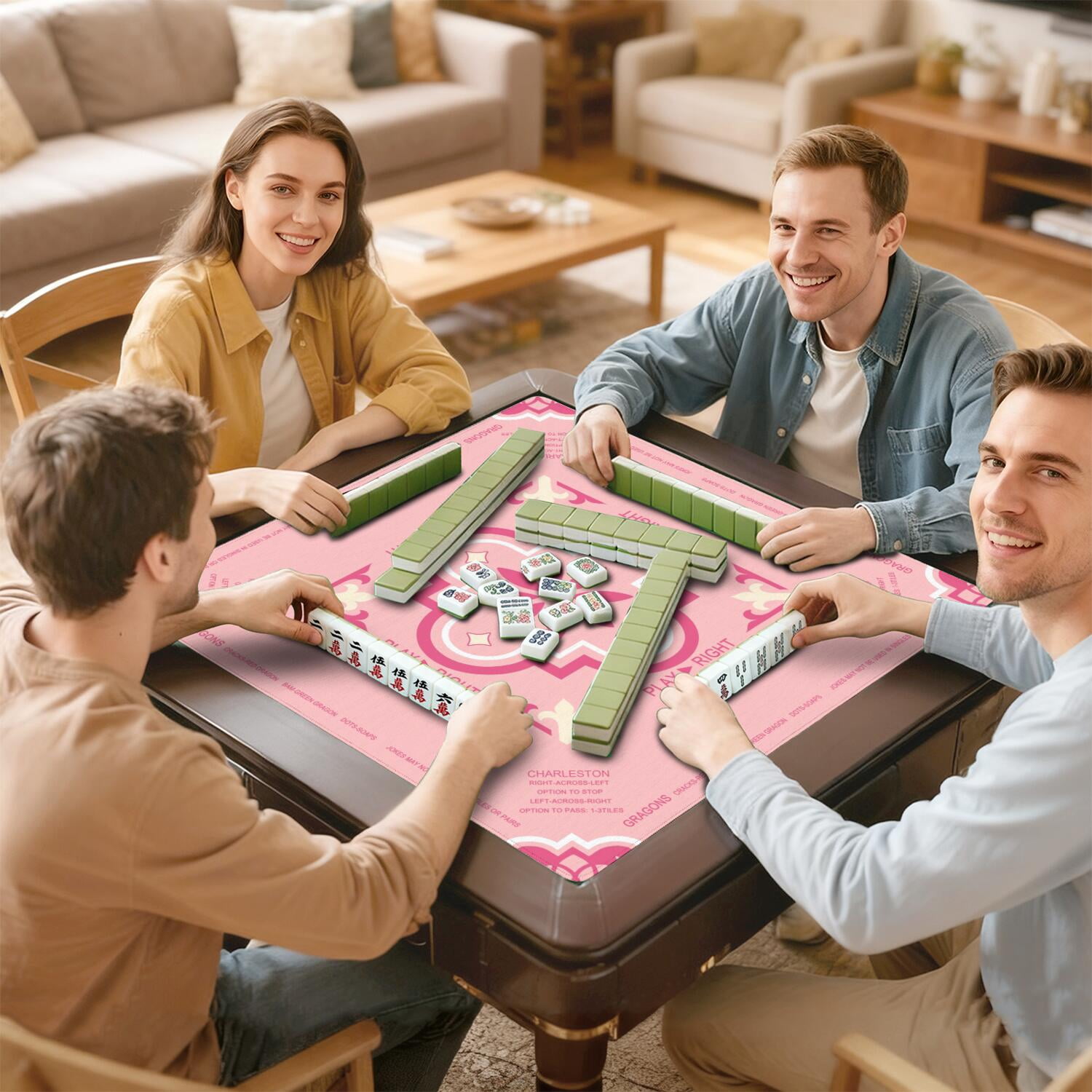 Pink Mahjong Mat with Rules, 31.5*31.5in Anti Slip American Mahjong Mat for Table, Noise Reduction, Neoprene Mah jongg Mats with Carrying Bag & 3 Dices, Mahjong Supplies Gift, Board Tile Games Mats
