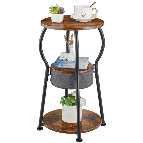 Small Round Side Table with Storage Bag, 3-Tier Accent Round End Table with Storage Shelves for Living Room, 21.6" H Vintage Small Corner Table for Smalls Spaces (D - 15.8 in Rustic Brown)