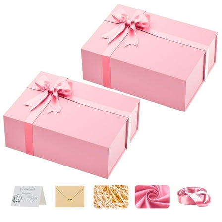 Large Pink Gift Box with Lids: 13.5×10×5 inches Packaging with Magnetic Lid - Holds Christmas Birthdays Wedding Gifts - Ideal for Couples Friends Family (Pink,Pack of 2)