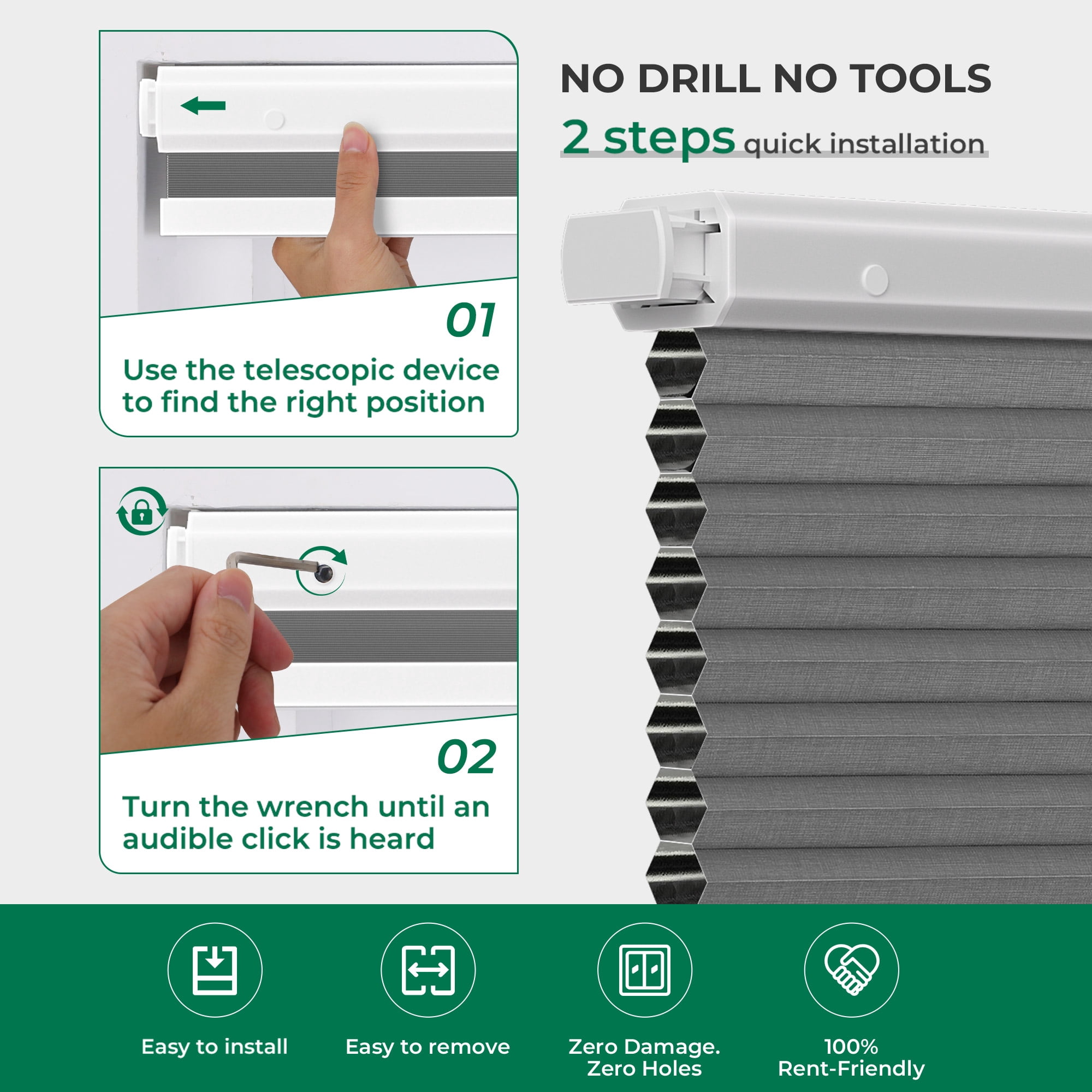 Allesin No Drill Motorized Cellular Shades Quiet Motor 45dB Smart Honeycomb Blinds with App and Voice Control Rechargeable Solar Option Aluminum Rails(45" W x 64" H, 100% Blackout Volcanic Gray)