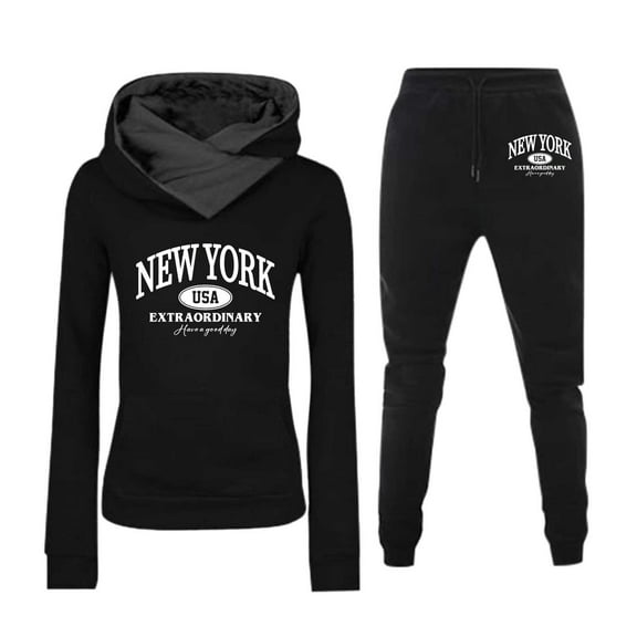Women's Hooded Jogging Set With NY Print Long Sleeve Sweatshirt And Pants Sports Outfit