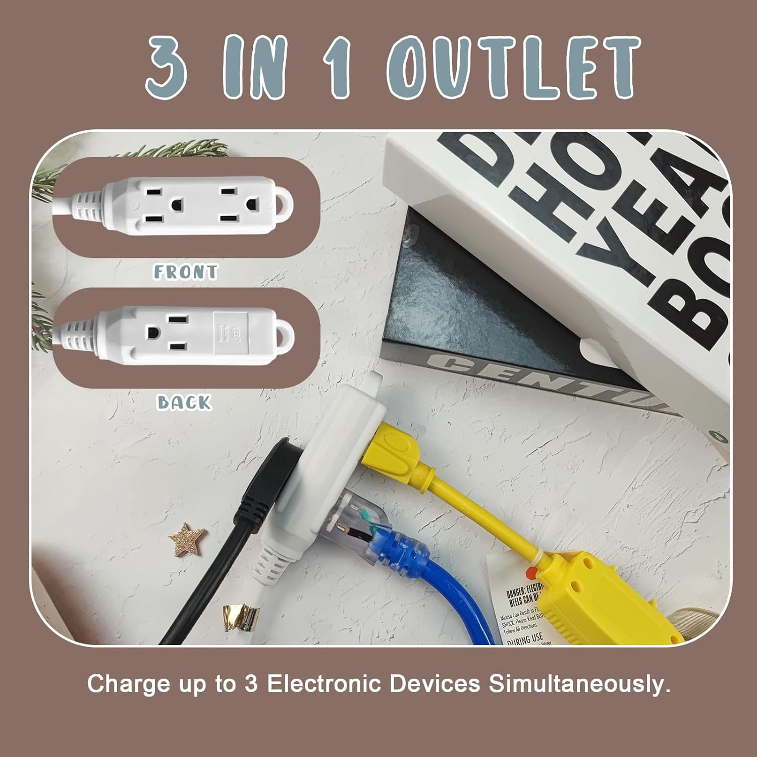 10 Ft Flat Plug Extension Cord，16/3 SJT Indoor Low Profile 3 Outlets Extension Cable with 45° Angled Flat Plug, Multiple Outlets Extension Cord, White