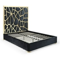 Pemberly Row Queen Velvet Bed with Gold Metal Frame in Black Color