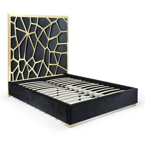 Pemberly Row Queen Velvet Bed with Gold Metal Frame in Black Color