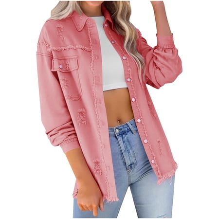 XPMWRP Women s Fashion Long Sleeved Ripped Distressed Denim Coats Tops Oversized Casual Long Sleeve Basic Jean Jacket Pink M